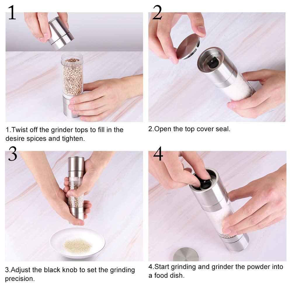 Salt and Pepper Grinder - 2 in 1 Manual Stainless Steel Salt Pepper Mill Herb Spice Grinder Shakers Refillable with Adjustable Coarseness Ceramic Rotor and Dual Clear Acrylic Chamber