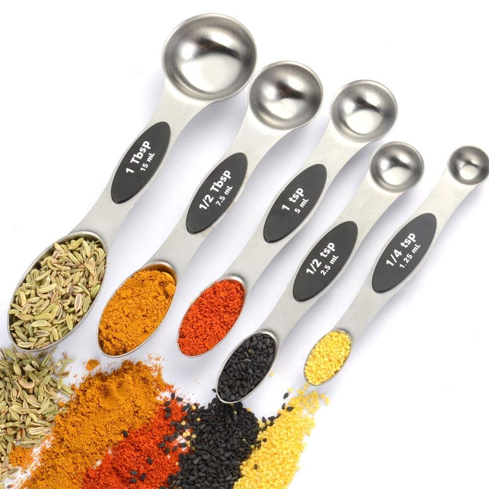 Premium Magnetic Measuring Spoon Set (Set of 5), Premium Dual Sided, Fit in Spice Jar Measuring Spoons for Cooking and Baking (Silver)