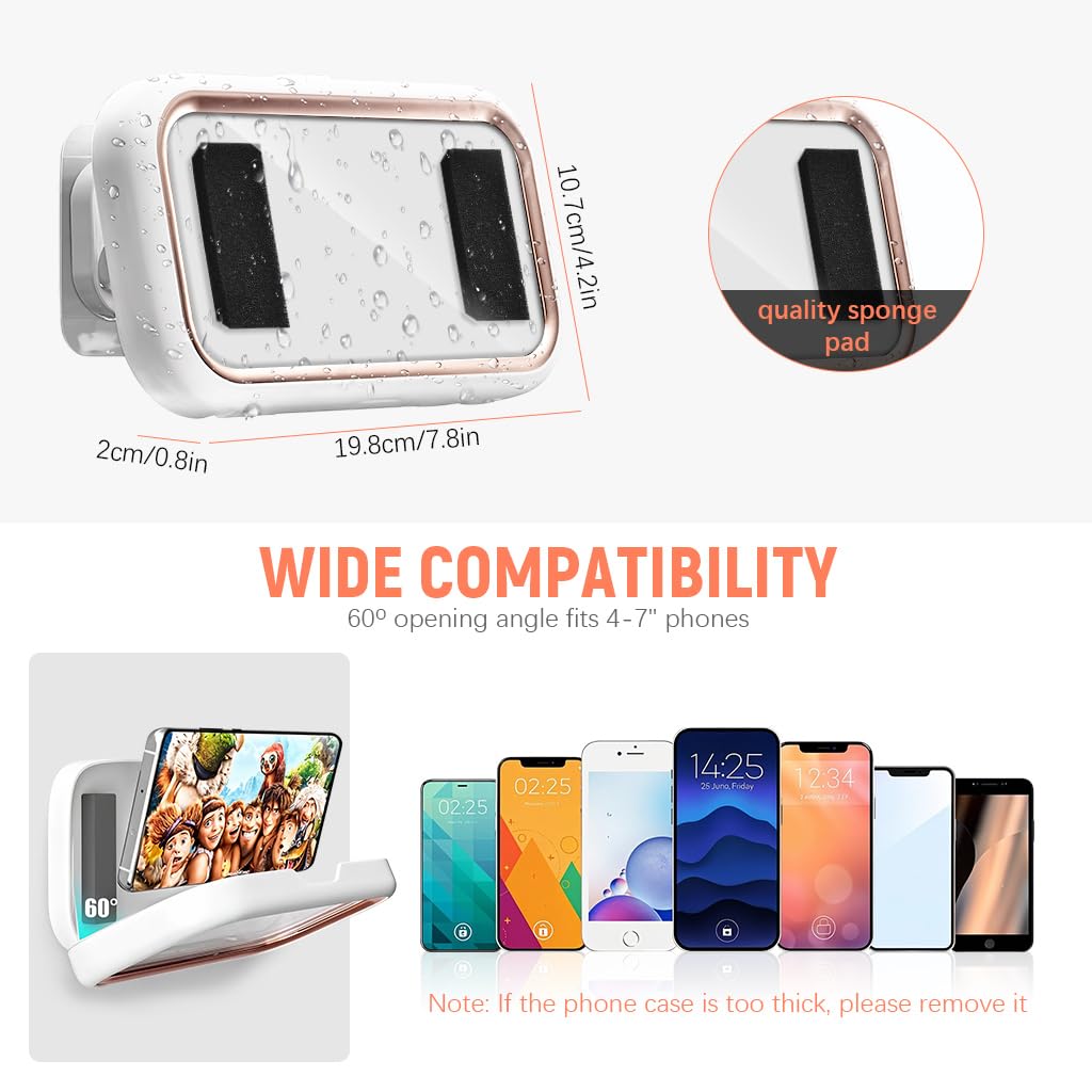 Bathroom Phone Holder for 6.8'' Phone Waterproof Anti-Fog Wall Phone Holder with Ultra Slim TPU Touch Screen 360 ° Rotatable Phone Holder Case No Drill Wall Phone Holder