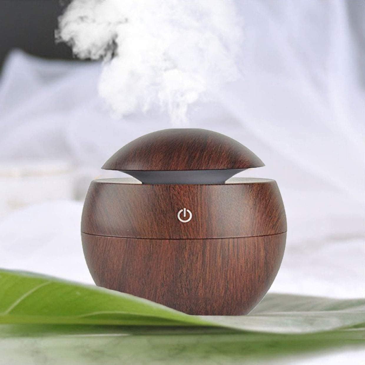 Round Magic Wooden Cool Mist Diffuser, Essential Oil Diffuser with LED Night Light for Car, Office, Home, Bedroom, One Click Aroma Therapy Humidifier for Plant and Baby Nursery - Dark Brown