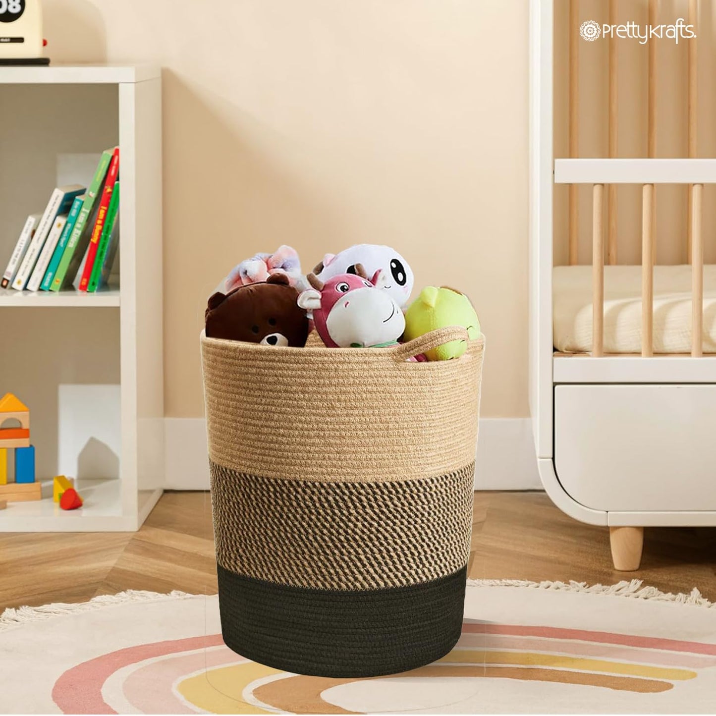 50L Jute Laundry Basket for Clothes | Laundry Bag Foldable | Laundry Bag for Clothes | Rope Laundry Clothes Basket | Toy Storage Basket (16x14x18 inch, Brown & Black)