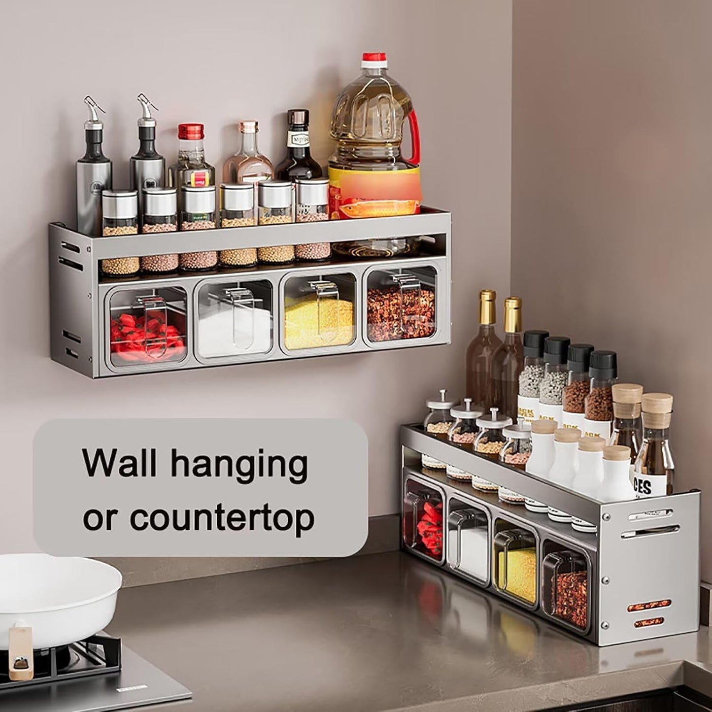 House of Quirk Stainless Steel Kitchen Accessories Organizer 5 Jars - Condiment Rack Holder, Wall Mounted & Countertops Seasoning Organizer Household Containers Shelf with Spoons (White)