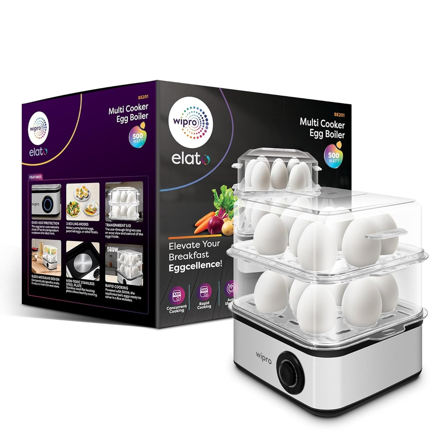 Wipro Elato BE201 4in1 Multicooker 500 Watt - Boils up to 16 Eggs, Steam Rice, Poach Eggs, Cook Vegetables - 3 Boiling Modes, Concurrent Cooking - 2 Year Warranty