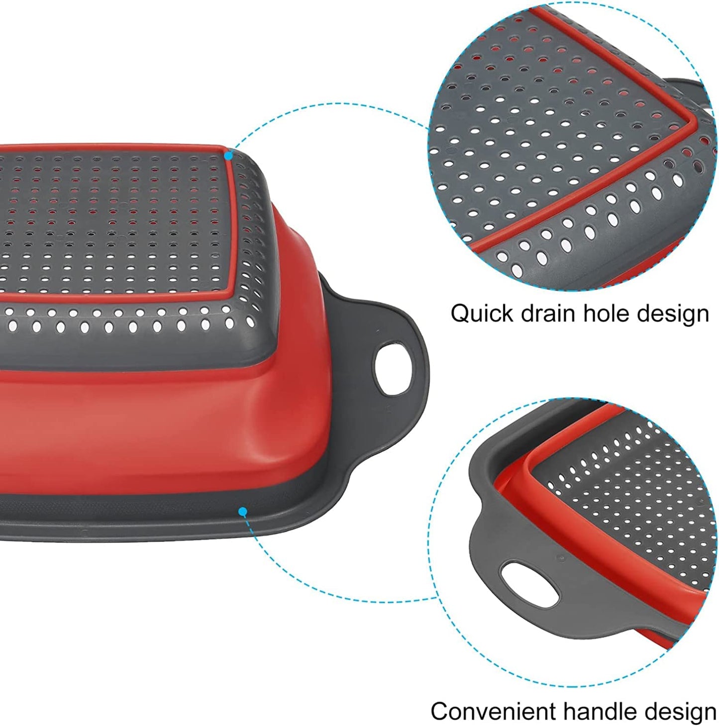 Baskety Foldable Collapsible Kitchen Colander 2 Pcs Square Collapsible Washing up Bowl Silicone Strainer Set Filter Basket 2 Sizes (RED)