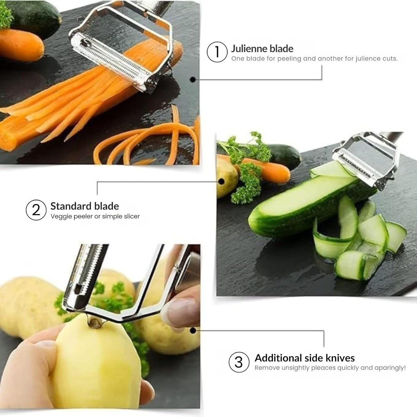 Go Store 2 in 1 Stainless Steel Julienne Vegetable Peeler Multi-Functional Fruit & Veggie Shredder Slicer and Grater for Potatoes, Carrots, Cucumbers (Silver, 18 x 8.2 x 2.4 cm)
