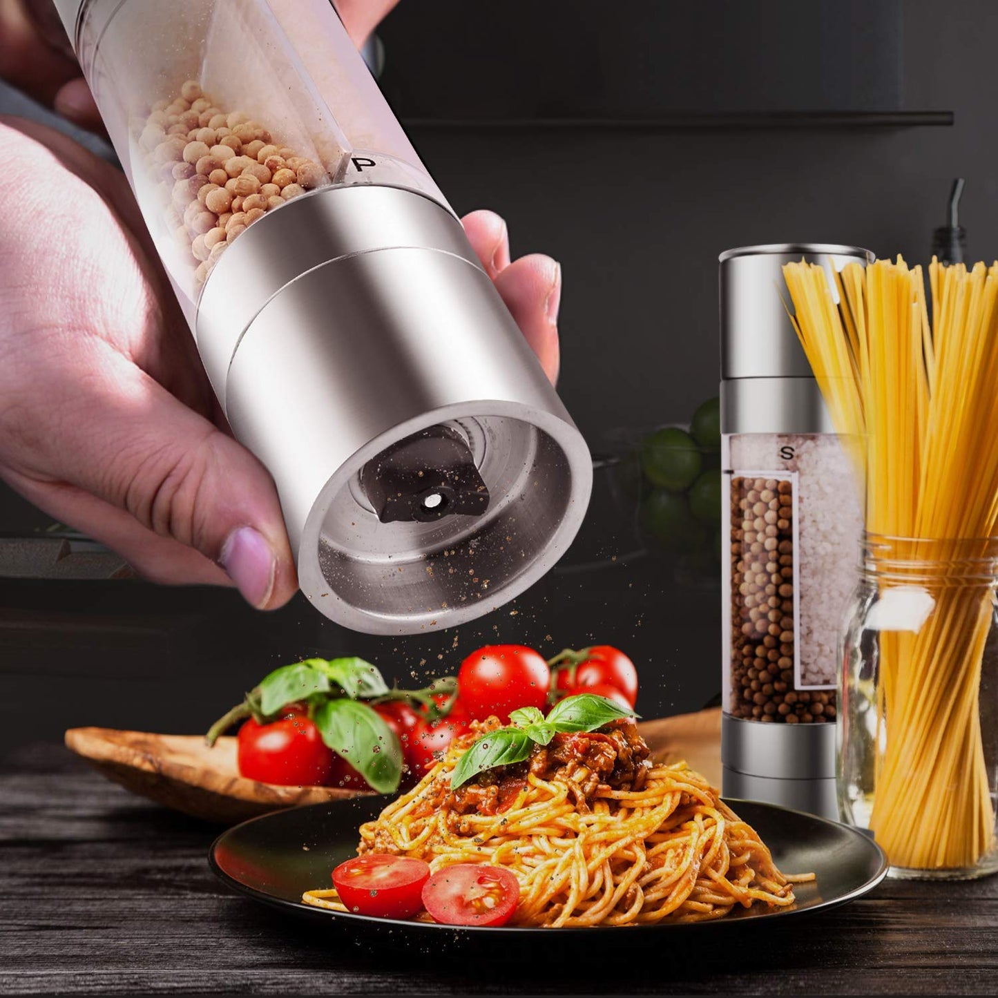 Salt and Pepper Grinder - 2 in 1 Manual Stainless Steel Salt Pepper Mill Herb Spice Grinder Shakers Refillable with Adjustable Coarseness Ceramic Rotor and Dual Clear Acrylic Chamber