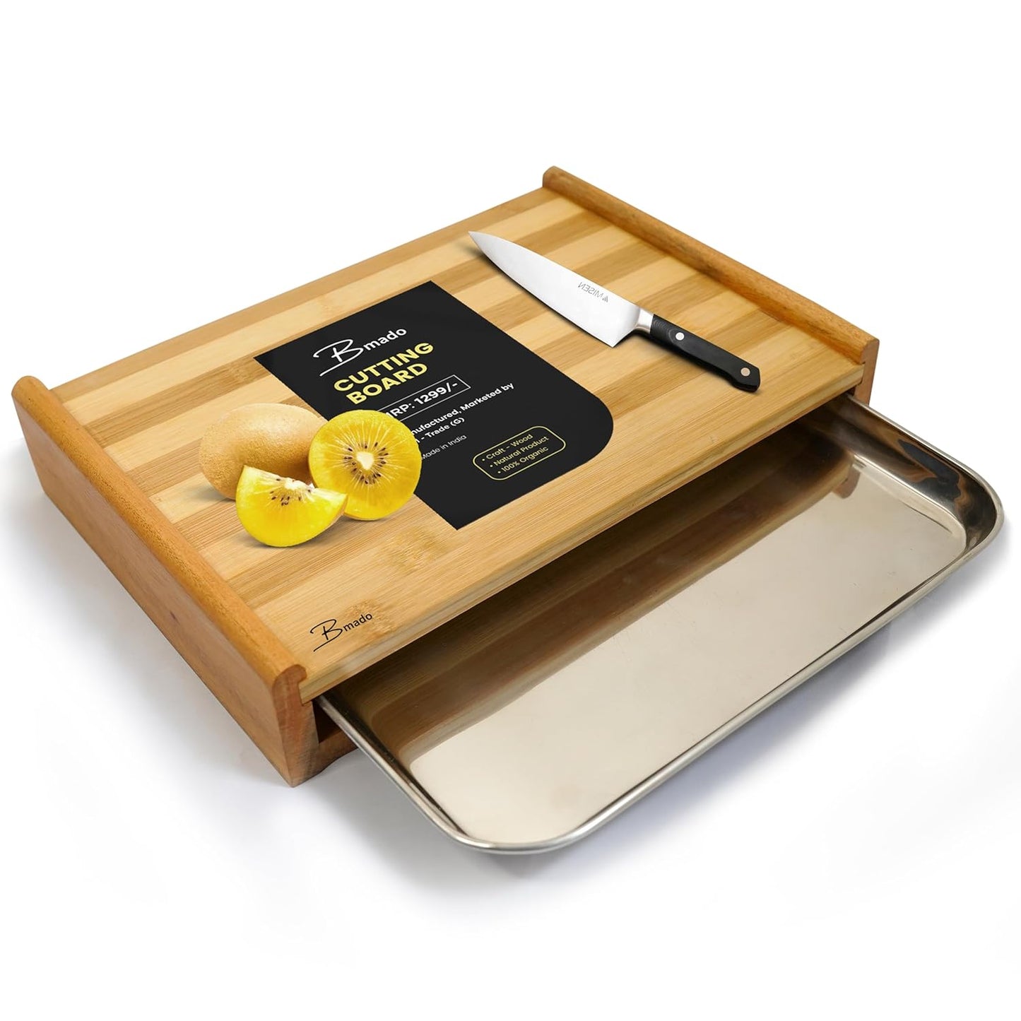 Bmado Homefull Bamboo Cutting Board with Stainless Steel Tray – (Medium) Wooden Chopping Board with Pull-Out Sliding Drawer Container (32 x 22 x 6 cm) for Kitchen & Food Prep