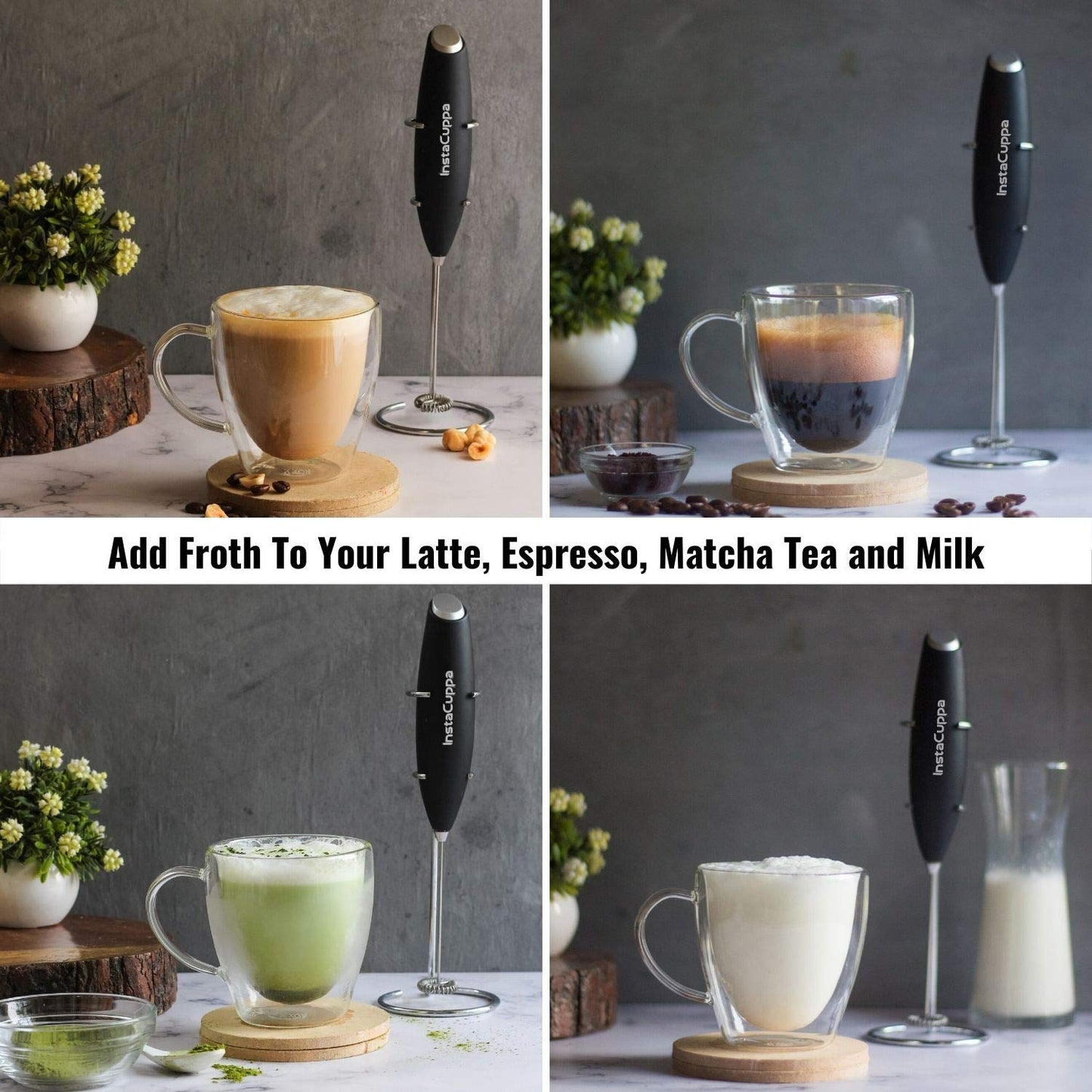 InstaCuppa Milk Frother for Coffee, Handheld Battery-Operated Froth Coffee Beater, Electric Portable Foam Maker for Cappuccino, Automatic Hand Stirrer with Stainless Steel Egg Whisker and Stand