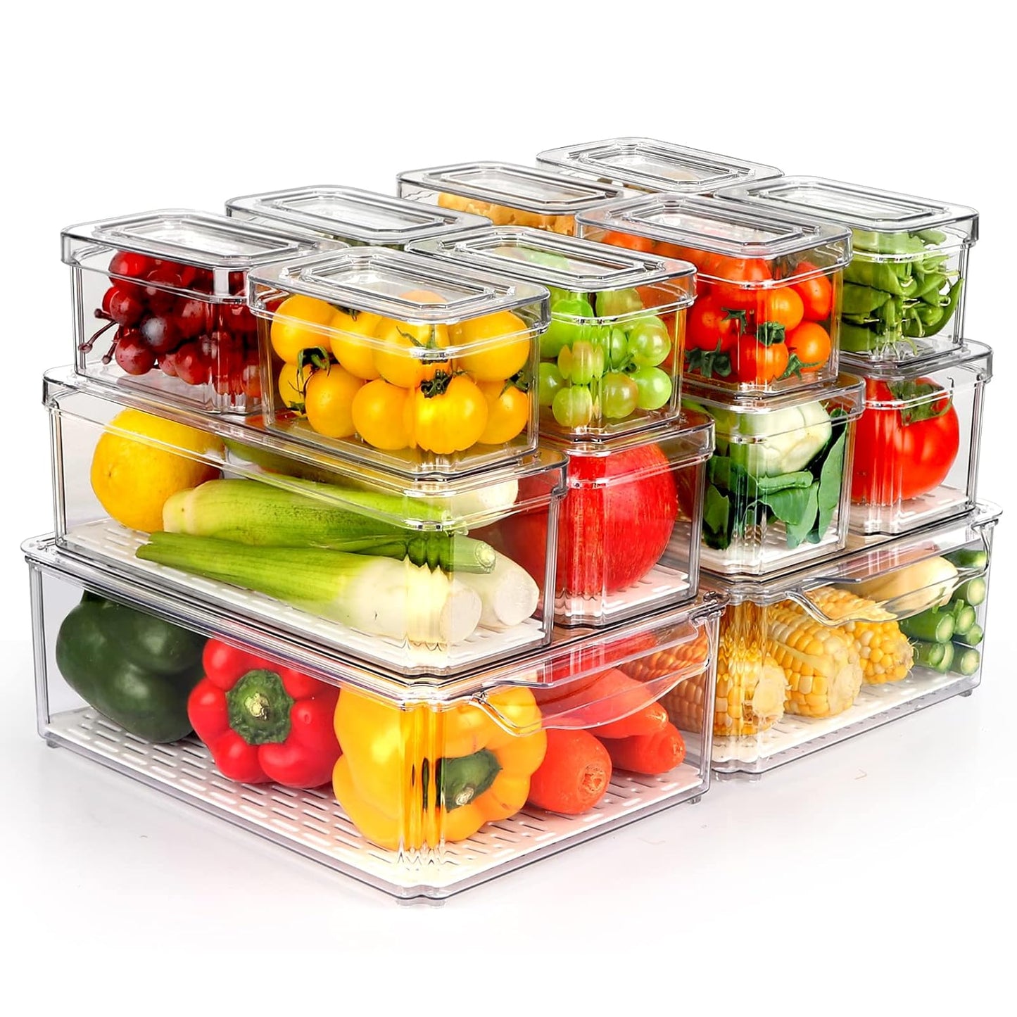 14 Pack Fridge Organizer, Stackable Refrigerator Organizer Bins with Lids, BPA-Free Fridge Organizers and Storage Containers for Fruit, Vegetable, Food, Drinks, Cereals, Clear