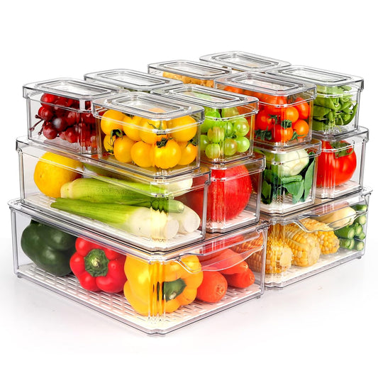 14 Pack Fridge Organizer, Stackable Refrigerator Organizer Bins with Lids, BPA-Free Fridge Organizers and Storage Containers for Fruit, Vegetable, Food, Drinks, Cereals, Clear