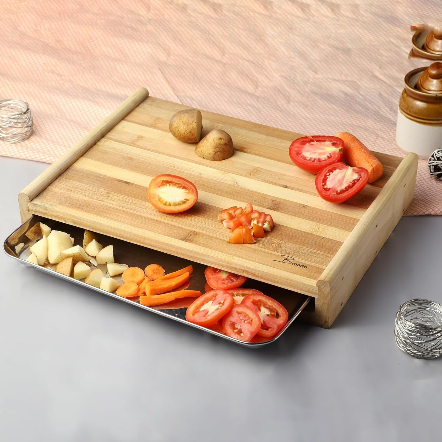 Bmado Homefull Bamboo Cutting Board with Stainless Steel Tray – (Medium) Wooden Chopping Board with Pull-Out Sliding Drawer Container (32 x 22 x 6 cm) for Kitchen & Food Prep