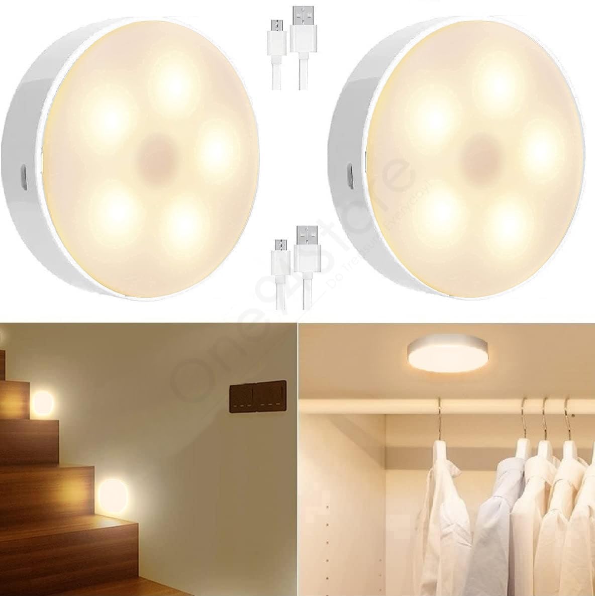 Motion Sensor Light with USB Charging, Wireless, Rechargeable, Adhesive LED Nightlight for Home (Pack of 2, Warm White)