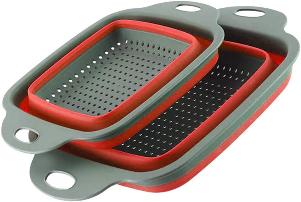 Baskety Foldable Collapsible Kitchen Colander 2 Pcs Square Collapsible Washing up Bowl Silicone Strainer Set Filter Basket 2 Sizes (RED)