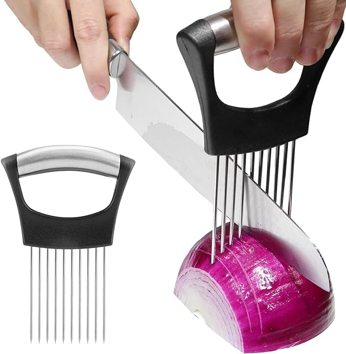 Stainless Steel Onion Holder for Slicing,Onion Slicer Holder,Onion Cutter for Slicing of Onions,Tomatoes,Avocados,Eggs and Other Vegetables,Kitchen Utensils (Black)