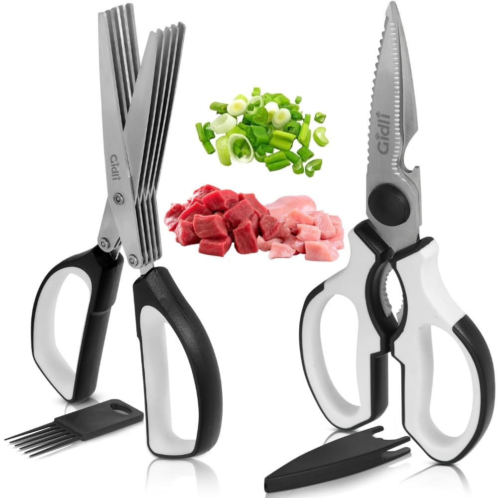 Kitchen scissors - Includes herb scissors as bonus - sturdy and ultra-quiet stainless steel multi-function scissors