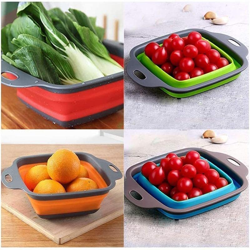 Baskety Foldable Collapsible Kitchen Colander 2 Pcs Square Collapsible Washing up Bowl Silicone Strainer Set Filter Basket 2 Sizes (RED)
