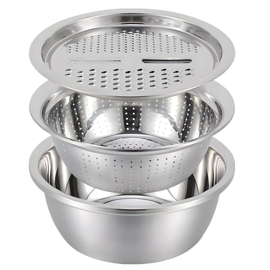 Stainless Steel Mirror Finish 3-in-1 Multipurpose Drain Basket- Grater- Basin Bowl | Vegetable Slicer for Kitchen Cutting | Nesting Strainer for Fruits and Other Items