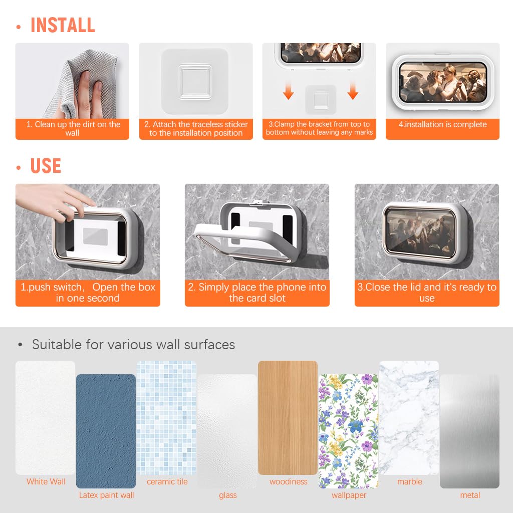 Bathroom Phone Holder for 6.8'' Phone Waterproof Anti-Fog Wall Phone Holder with Ultra Slim TPU Touch Screen 360 ° Rotatable Phone Holder Case No Drill Wall Phone Holder