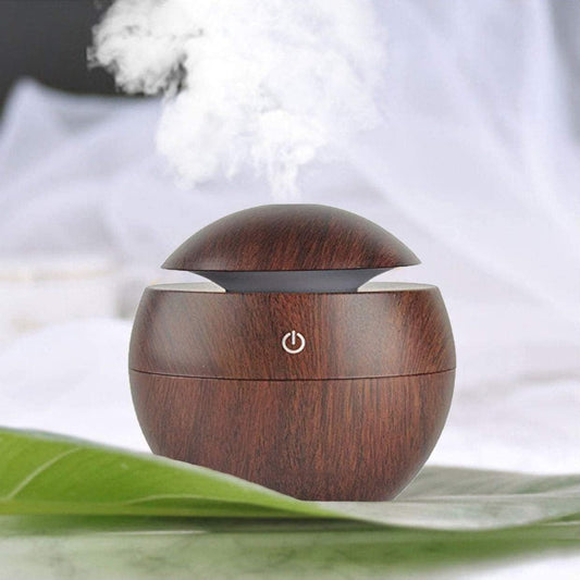 Round Magic Wooden Cool Mist Diffuser, Essential Oil Diffuser with LED Night Light for Car, Office, Home, Bedroom, One Click Aroma Therapy Humidifier for Plant and Baby Nursery - Dark Brown