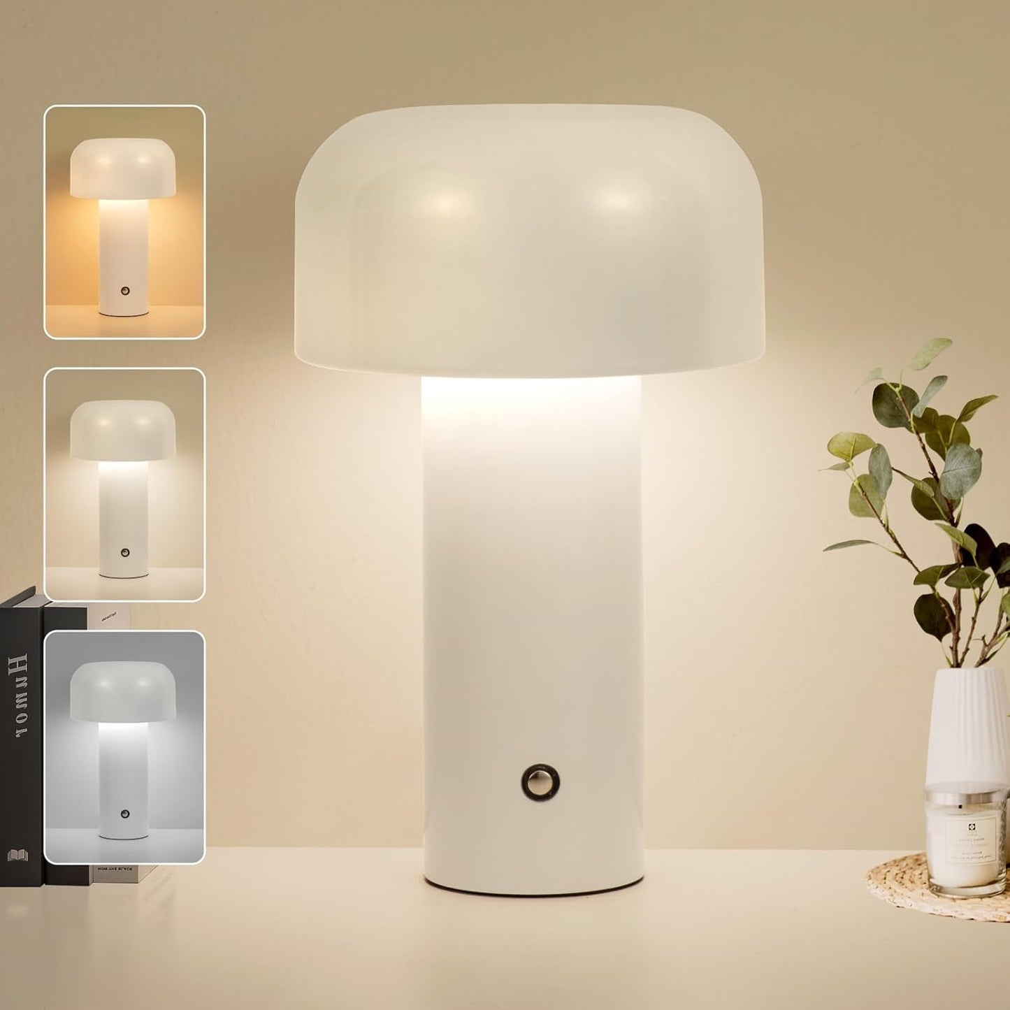 Cordless Cute Mushroom Table Lamp, 1200 mAh USB Rechargeable Battery, 3 Lighting Levels, Touch Control, Night Light for Bedroom, Office, or Living Room