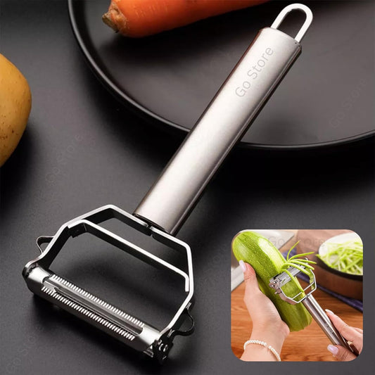 Go Store 2 in 1 Stainless Steel Julienne Vegetable Peeler Multi-Functional Fruit & Veggie Shredder Slicer and Grater for Potatoes, Carrots, Cucumbers (Silver, 18 x 8.2 x 2.4 cm)