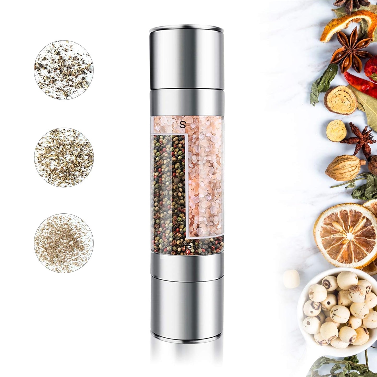Salt and Pepper Grinder - 2 in 1 Manual Stainless Steel Salt Pepper Mill Herb Spice Grinder Shakers Refillable with Adjustable Coarseness Ceramic Rotor and Dual Clear Acrylic Chamber