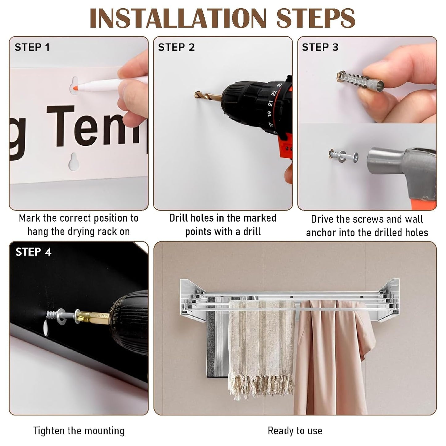 Metal Foldable Wall Mount Clothes Hanger/Cloth Drying Stand for Balcony with 5 Rods/Collapsible Clothes Drying Rack for Laundry/Space Saver/Indoor/Outdoor(Grey)