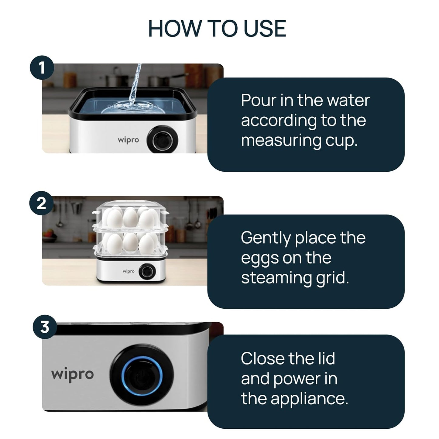 Wipro Elato BE201 4in1 Multicooker 500 Watt - Boils up to 16 Eggs, Steam Rice, Poach Eggs, Cook Vegetables - 3 Boiling Modes, Concurrent Cooking - 2 Year Warranty