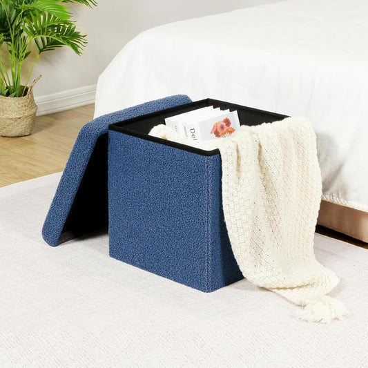 ube,38 * 38 * 38 Cm Foldable Storage Box,Footrest Ottoman with Storage Step Stool,Padded Seat with Pocket,Foldable Table for Bedroom,Set of 1 Blue