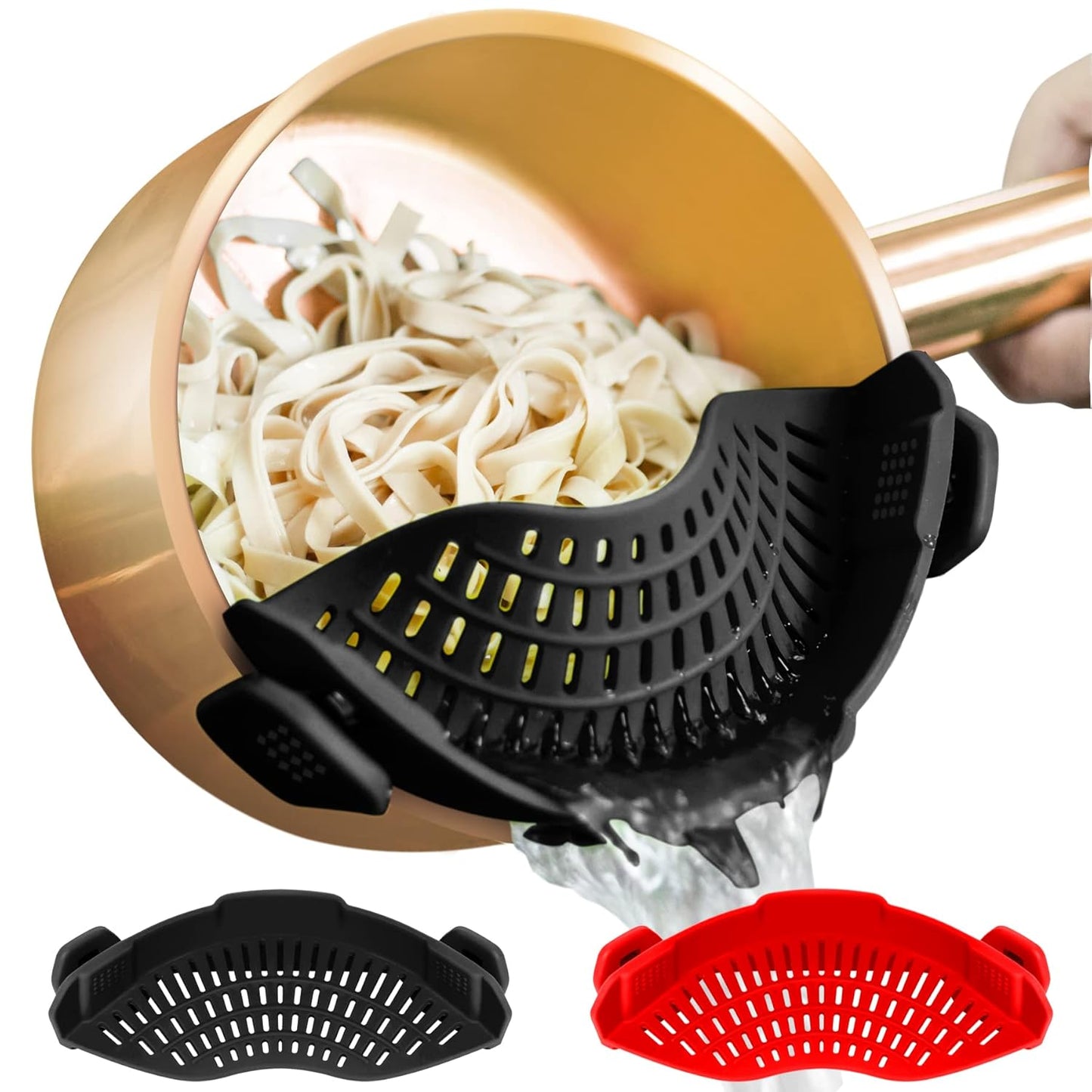 Clip on Strainer, Fits for All Pots Pans, Silicone Colander, Food Strainer for Pasta, Spaghetti, Ground Beef Grease, Heat Resistant Silicone, Easy to Use and Store, Dishwasher Safe (BlackRed)