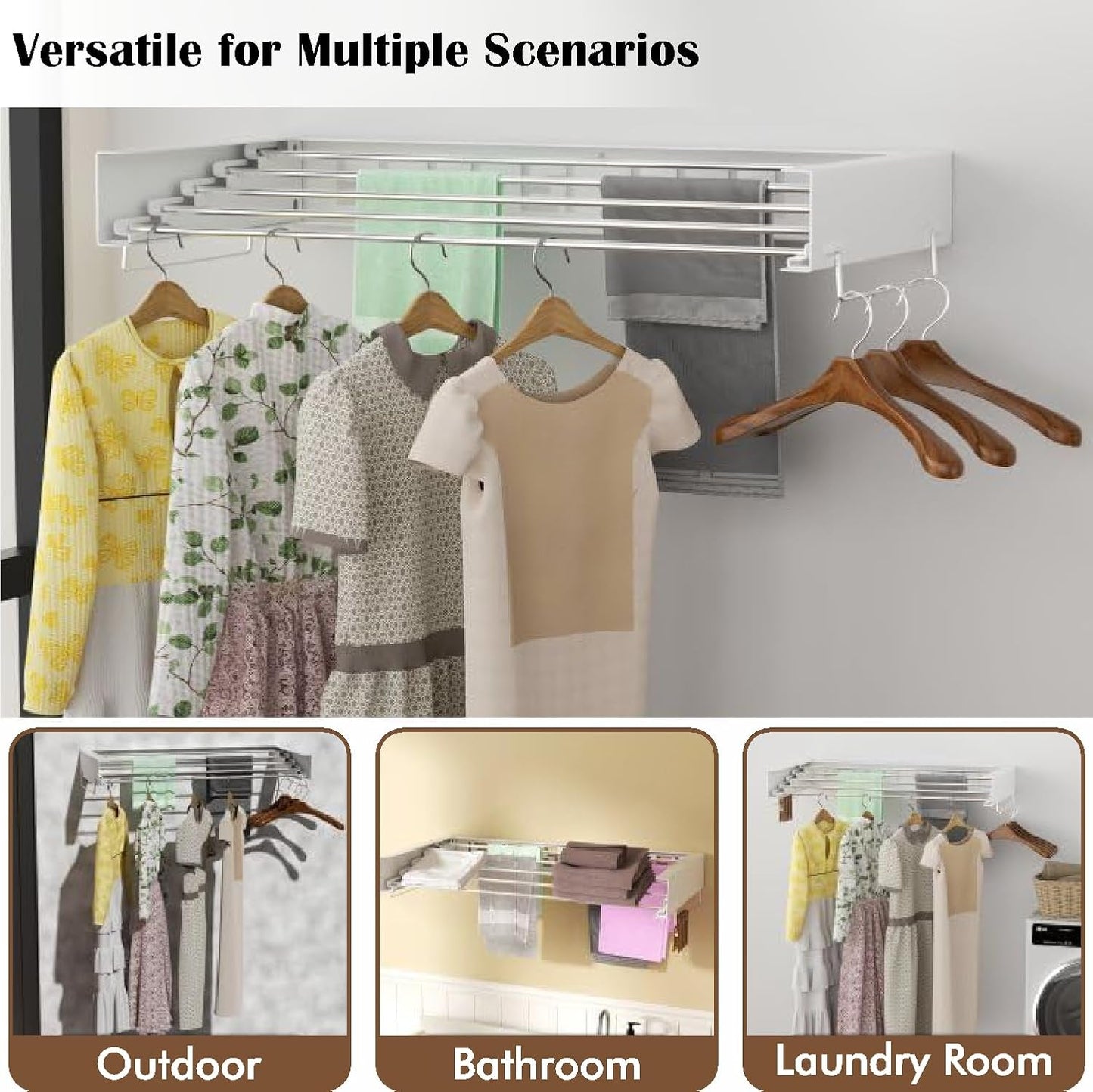 Metal Foldable Wall Mount Clothes Hanger/Cloth Drying Stand for Balcony with 5 Rods/Collapsible Clothes Drying Rack for Laundry/Space Saver/Indoor/Outdoor(Grey)