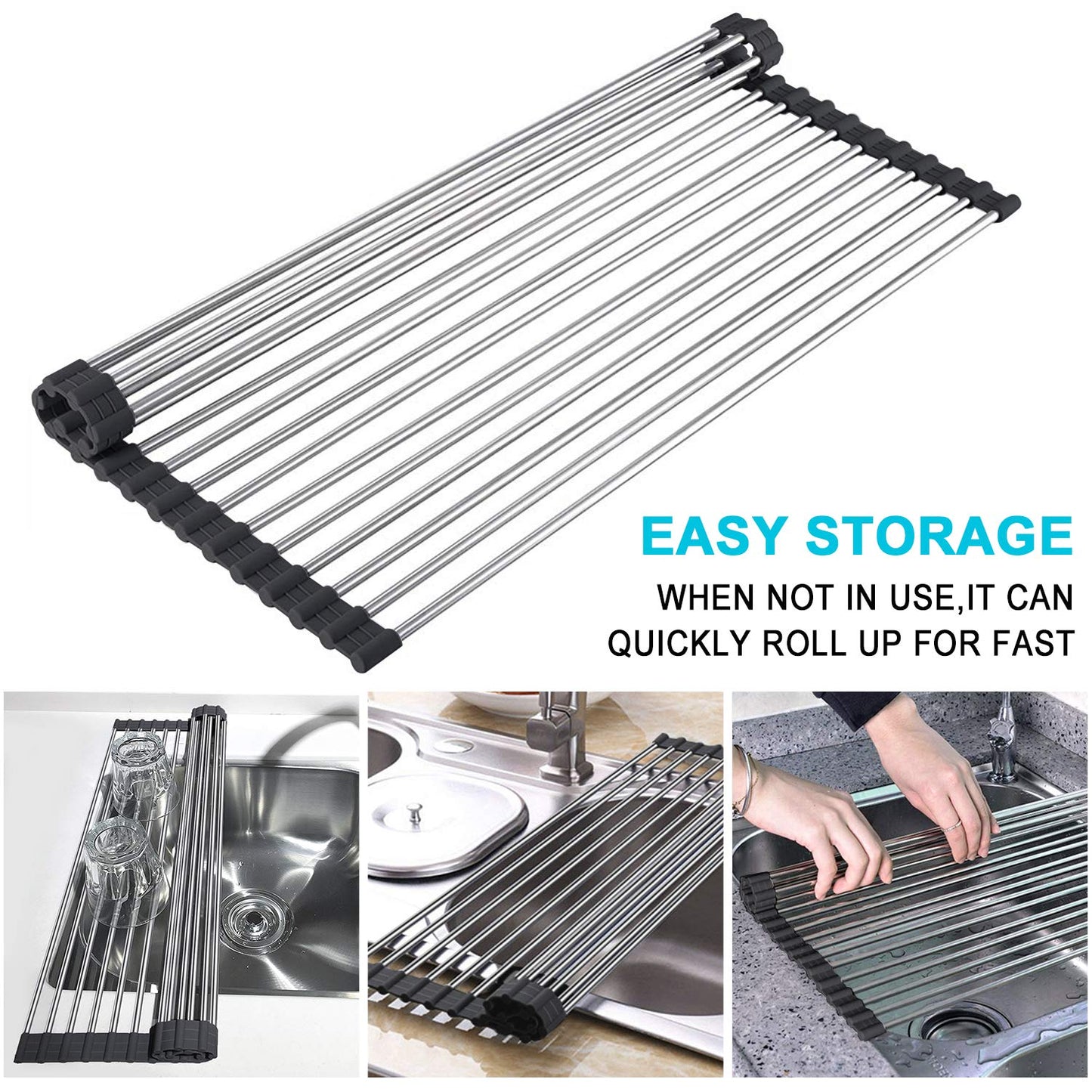 Multipurpose Foldable Over Sink Roll Up Mat Stainless Steel with Silicone Rims Large Dish Drainers Rack, for Dishes, Cups, Fruits Vegetables (Black, 17.6" x 16")