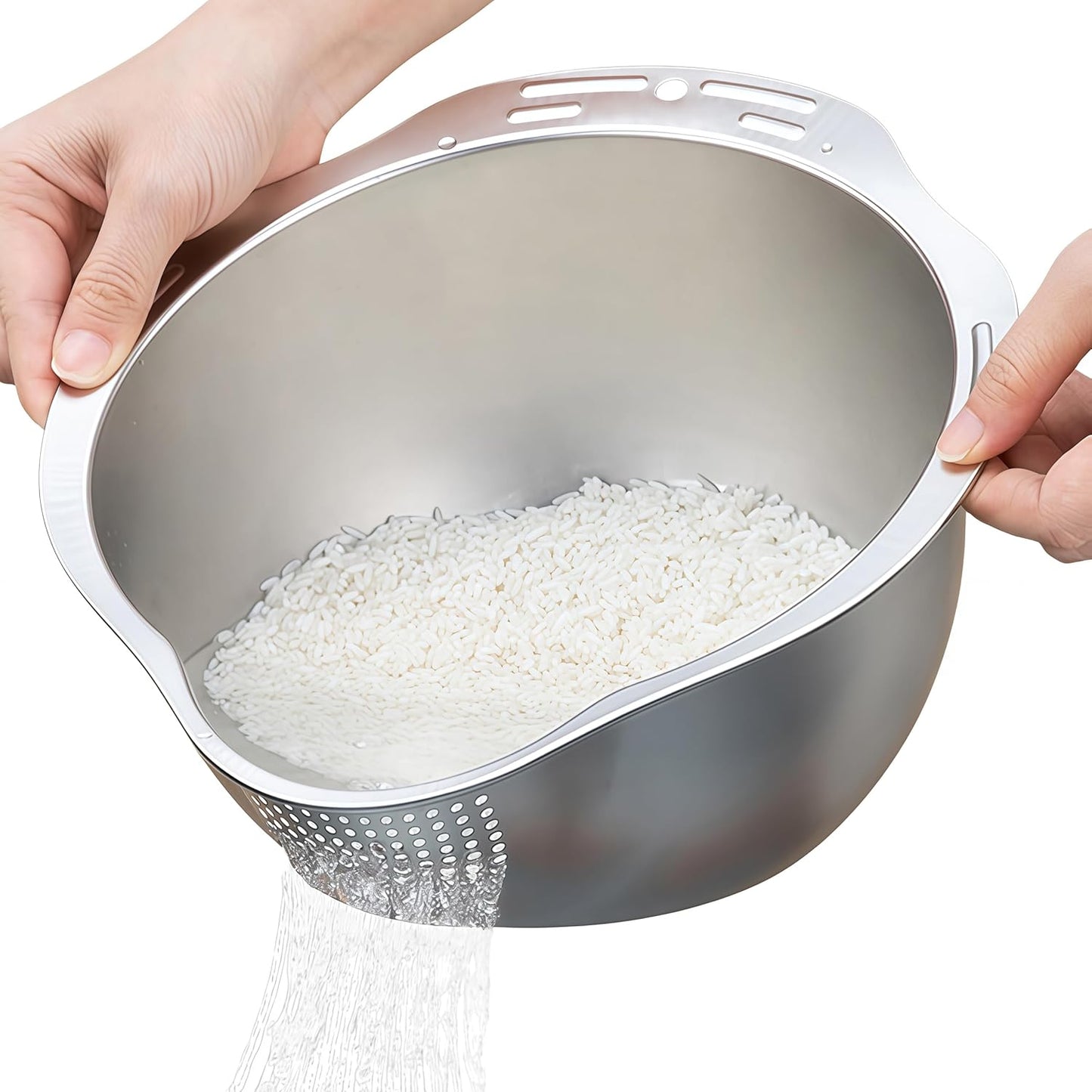 Rice Washer Strainer Bowl - 4-in-1 Washing Bowl for Quinoa, Stainless Steel Side Drainers Colander for Cleaning and Rinsing Fruits, Vegetables, and Beans - Versatile Kitchen Tool